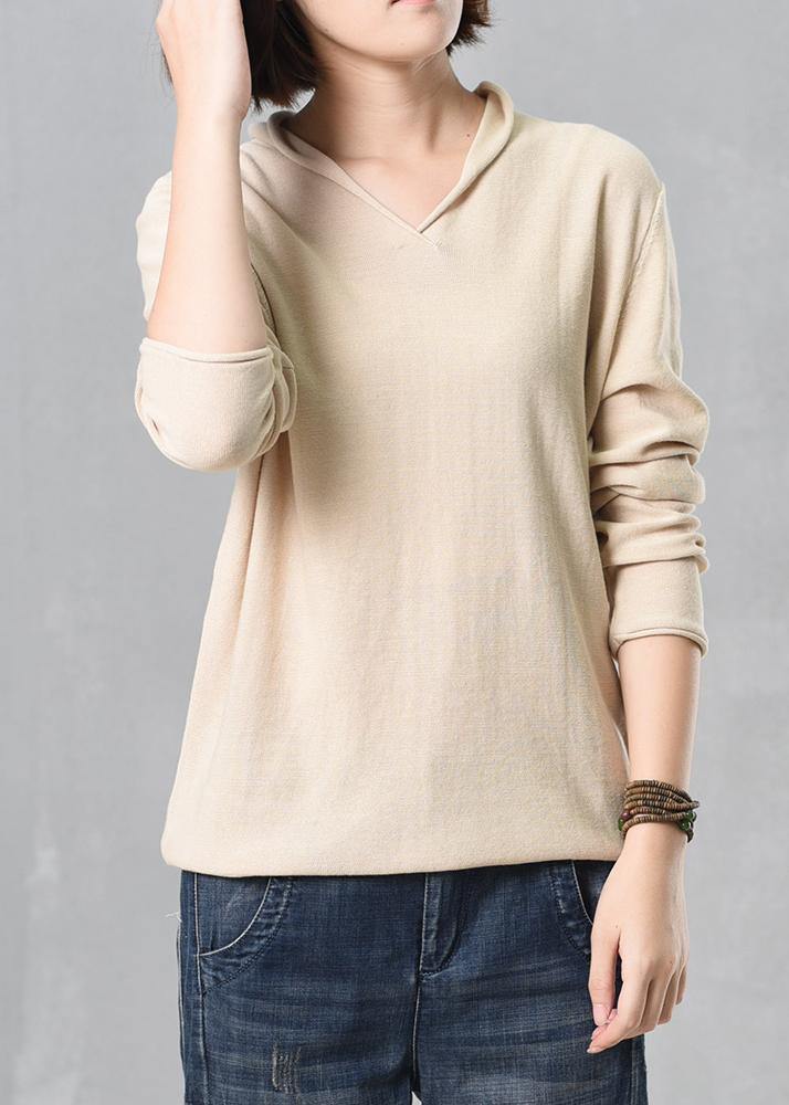 Cozy Beige Sweater Autumn Knitted V Neck