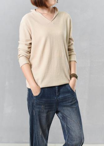Cozy Beige Sweater Autumn Knitted V Neck