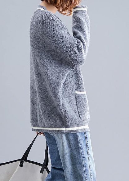 Cozy Big Pockets Gray V Neck Knitwear Clothing Fall Knitted Jackets