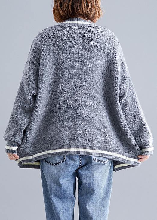Cozy Big Pockets Gray V Neck Knitwear Clothing Fall Knitted Jackets