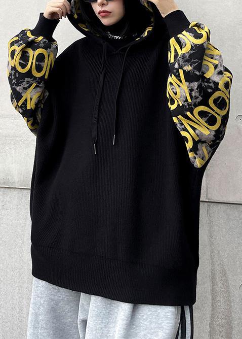 Cozy Black Letter Crane Tops Hooded Fall Knitwear