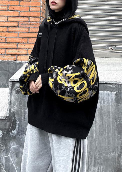 Cozy black Letter crane tops hooded fall fashion knitwear