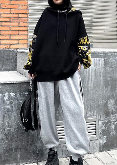 Cozy Black Letter Crane Tops Hooded Fall Knitwear
