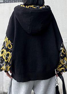 Cozy black Letter crane tops hooded fall fashion knitwear
