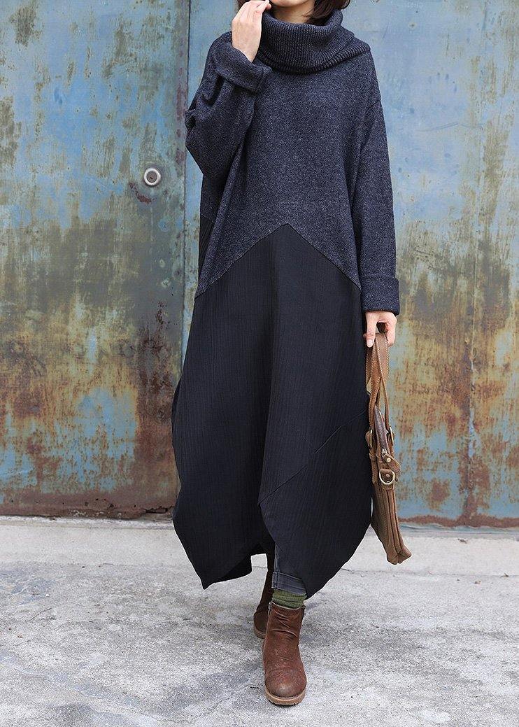 Cozy Black Gray Sweater Dress Outfit Upcycle Patchwork Tejidos High Neck Knitwear