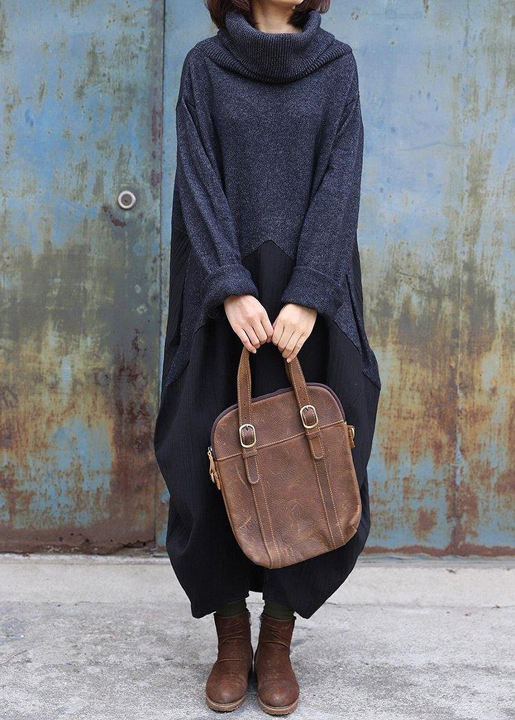 Cozy Black Gray Sweater Dress Outfit Upcycle Patchwork Tejidos High Neck Knitwear