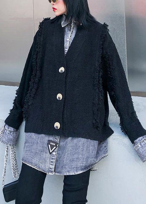 Cozy Black Knit Coats Patchwork False Two Pieces Knit Sweat Tops