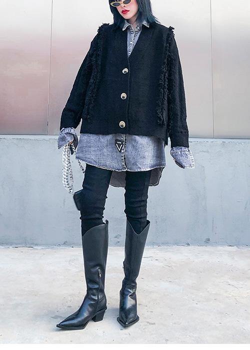 Cozy black knit coats plus size patchwork false two pieces knit sweat tops