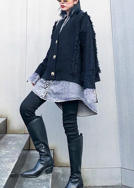 Cozy black knit coats plus size patchwork false two pieces knit sweat tops