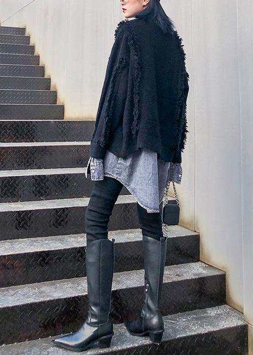 Cozy black knit coats plus size patchwork false two pieces knit sweat tops
