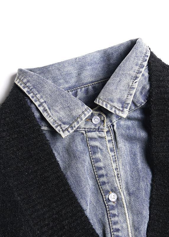 Cozy black knit coats plus size patchwork false two pieces knit sweat tops