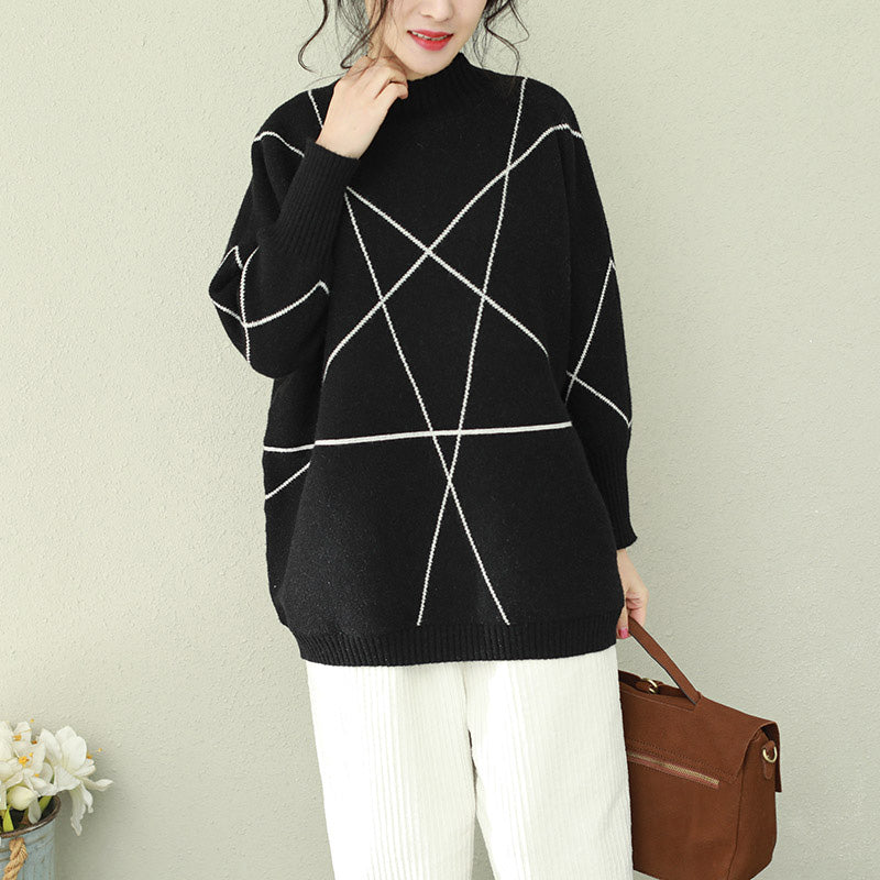 Cozy Black Knitted Outwear Loose Fitting O Neck Knitted Tops