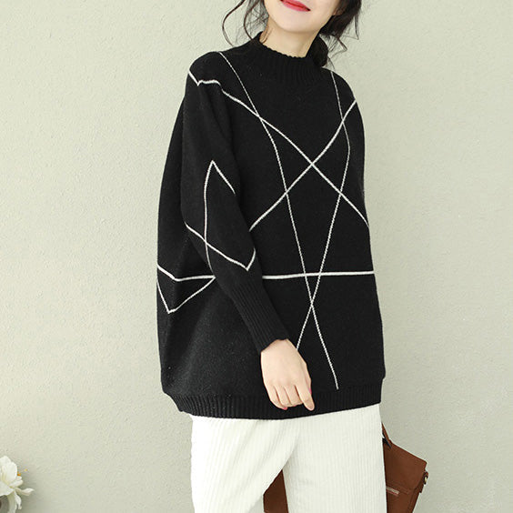 Cozy Black Knitted Outwear Loose Fitting O Neck Knitted Tops