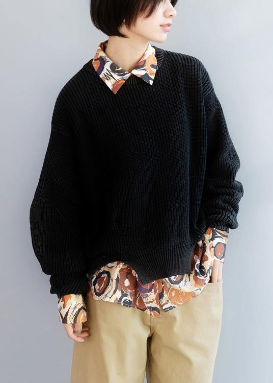 Cozy Black Knitted T Shirt Open Hem Oversized Winter Knit Sweat Tops