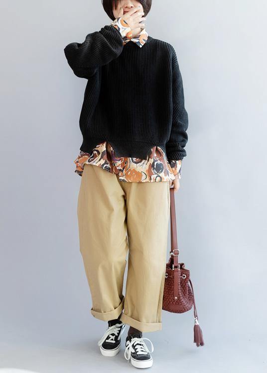 Cozy Black Knitted T Shirt Open Hem Oversized Winter Knit Sweat Tops