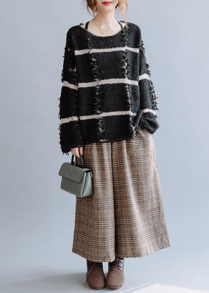 Cozy Black Striped Knit Top Silhouette O Neck Fall Sweaters