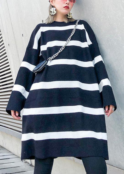Cozy Black White Striped Knitwear O Neck Baggy Sweater Tops