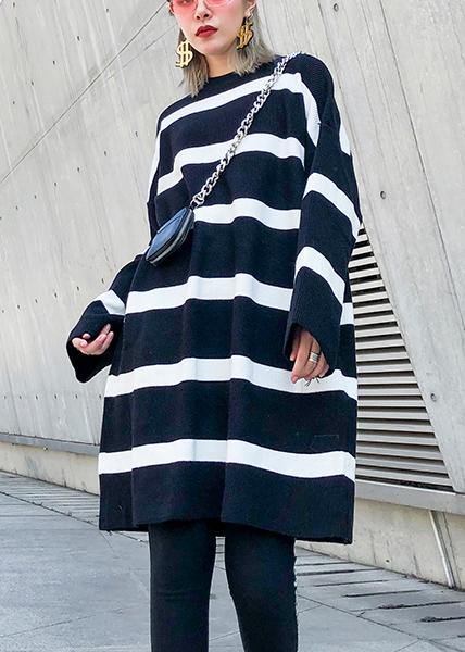 Cozy Black White Striped Knitwear O Neck Baggy Sweater Tops