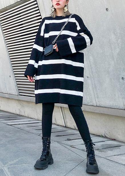 Cozy Black White Striped Knitwear O Neck Baggy Sweater Tops