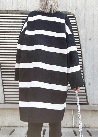 Cozy Black White Striped Knitwear O Neck Baggy Sweater Tops