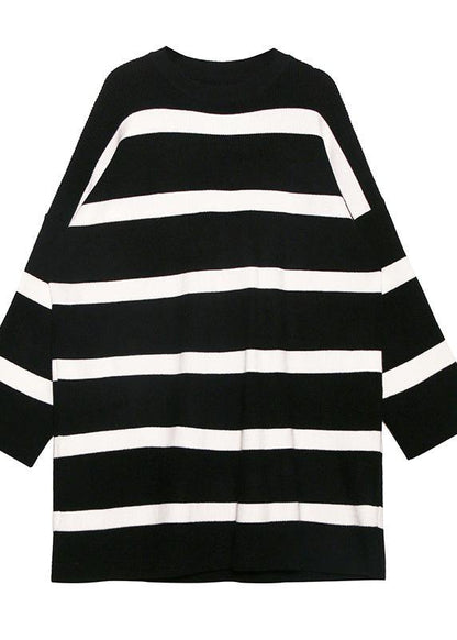 Cozy Black White Striped Knitwear O Neck Baggy Sweater Tops