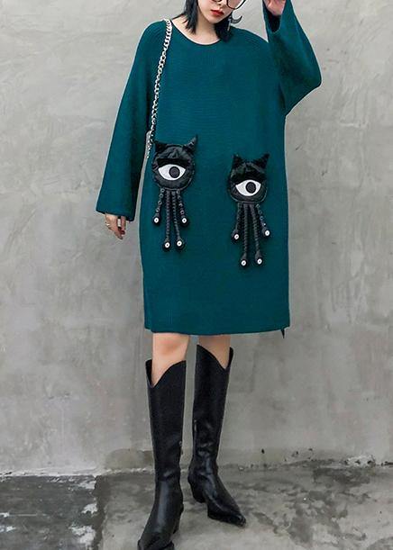 Cozy Blue Sweater Dress Outfit O Neck Three-dimensional Decoration Oversized Knitwear