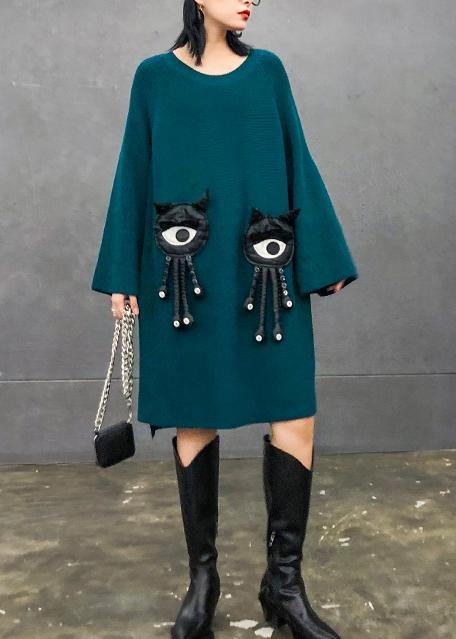 Cozy Blue Sweater Dress Outfit O Neck Three-dimensional Decoration Oversized Knitwear