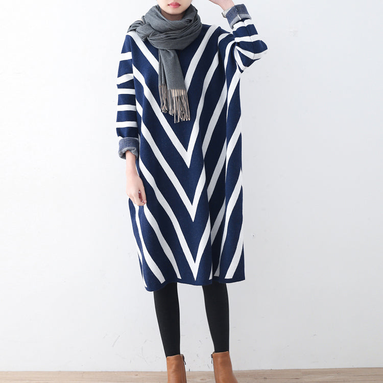 Cozy Blue Striped Sweater Dress Clothing Fall Dresses Unique Pullover Long Sleeve