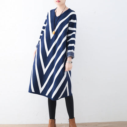 Cozy Blue Striped Sweater Dress Clothing Fall Dresses Unique Pullover Long Sleeve