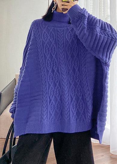 Cozy Blue Sweaters High Neck Side Open Knitted Clothes