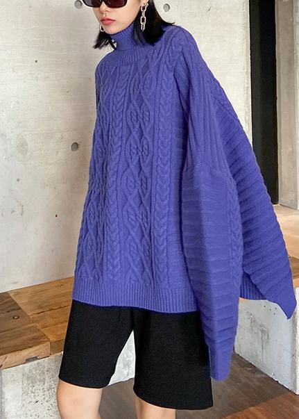 Cozy Blue Sweaters High Neck Side Open Knitted Clothes