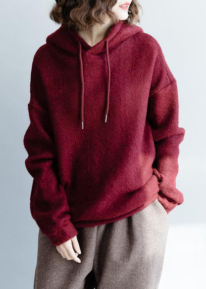 Cozy Burgundy Knit Blouse Wild Clothing Hooded Knitted Blouse