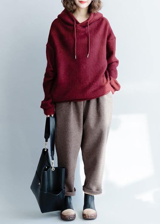 Cozy Burgundy Knit Blouse Wild Clothing Hooded Knitted Blouse