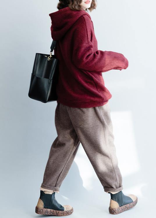 Cozy Burgundy Knit Blouse Wild Clothing Hooded Knitted Blouse