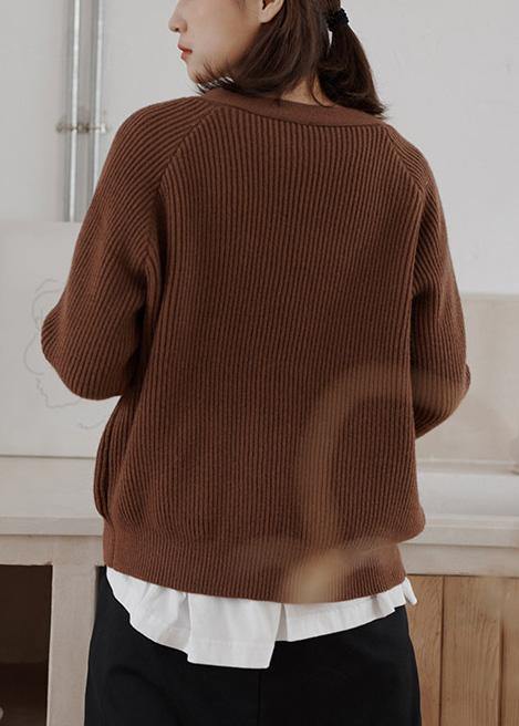 Cozy Chocolate Winter Knit Sweat Tops V Neck