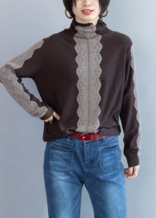 Cozy Chocolate Knitted T Shirt High Neck Knit Sweat Tops