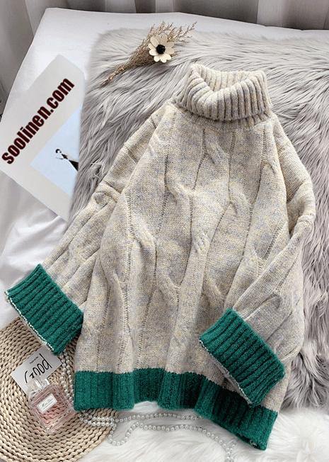 Cozy Fall Beige Knit Tops High Neck Patchwork Blouse