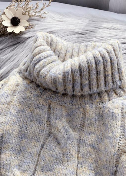 Cozy Fall Beige Knit Tops High Neck Patchwork Blouse