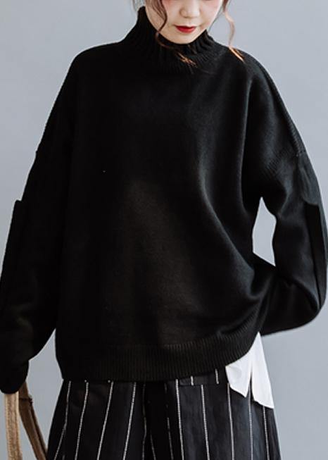 Cozy Fall Black Knit Sweat Tops High Neck Knitted Clothes