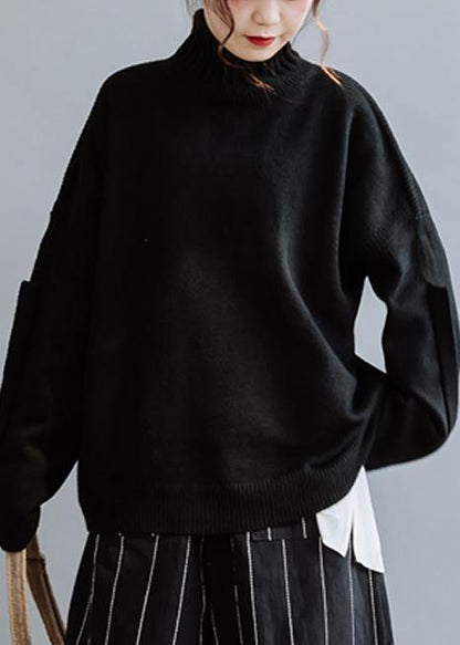 Cozy Fall Black Knit Sweat Tops High Neck Knitted Clothes