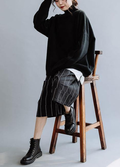 Cozy Fall Black Knit Sweat Tops High Neck Knitted Clothes