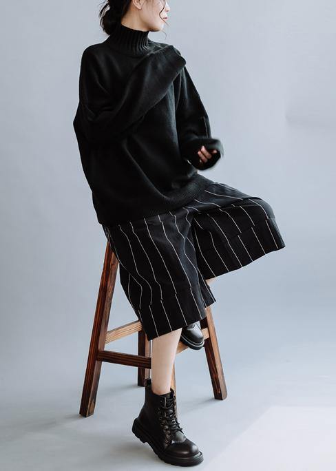 Cozy Fall Black Knit Sweat Tops High Neck Knitted Clothes