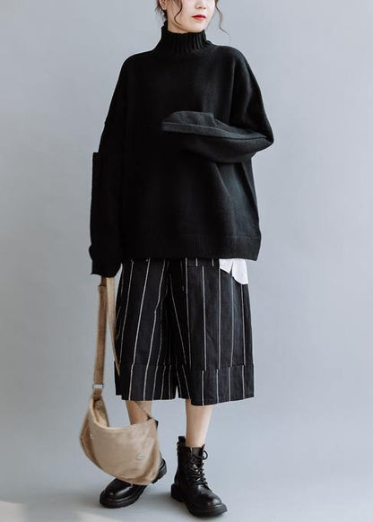 Cozy Fall Black Knit Sweat Tops High Neck Knitted Clothes