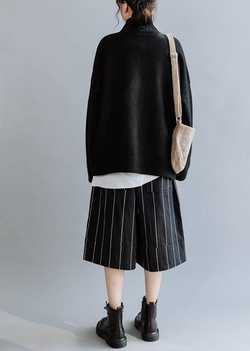 Cozy Fall Black Knit Sweat Tops High Neck Knitted Clothes