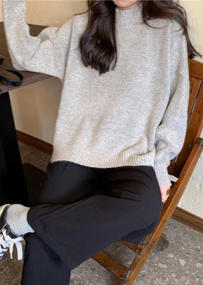 Cozy Fall Gray Knit Tops Fall High Neck Knit Blouse