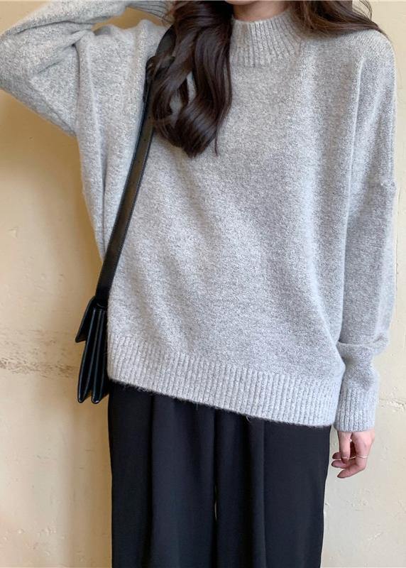 Cozy Fall Gray Knit Tops Fall High Neck Knit Blouse