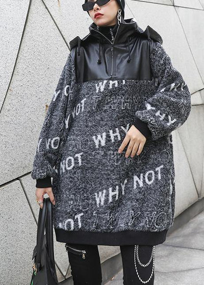 Cozy Gray Letter Knitted T Shirt Patchwork Zippered Knit Tops