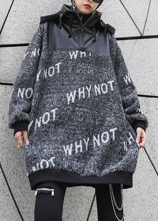 Cozy Gray Letter Knitted T Shirt Patchwork Zippered Knit Tops
