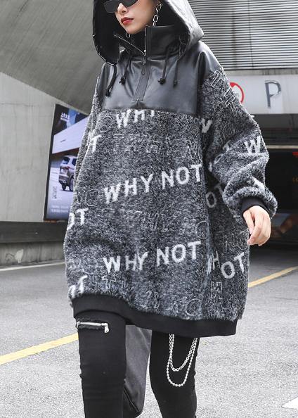 Cozy Gray Letter Knitted T Shirt Patchwork Zippered Knit Tops