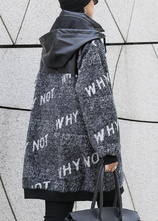 Cozy Gray Letter Knitted T Shirt Patchwork Zippered Knit Tops